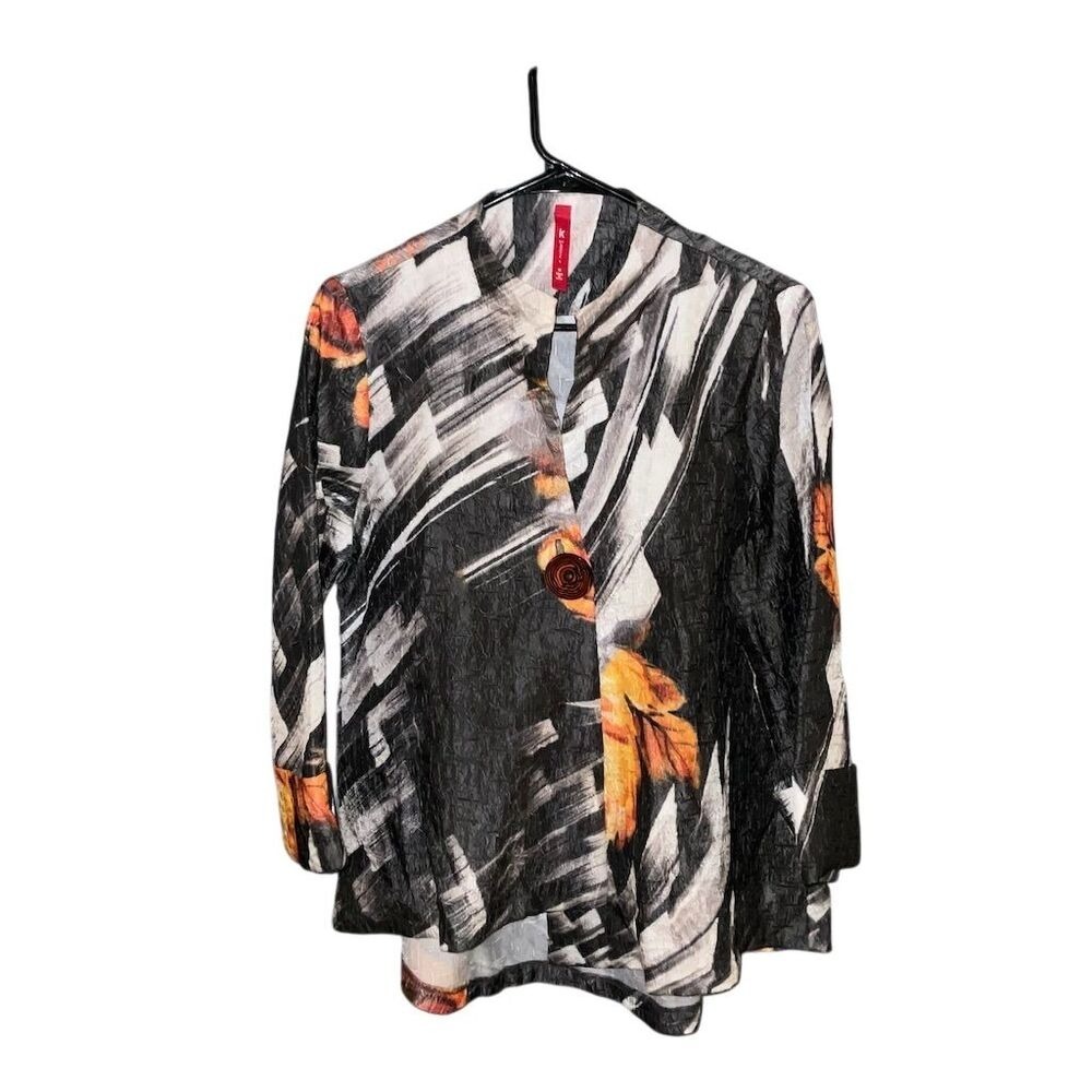 IC by Connie K‎ Abstract Crinkle Print Button Front Jacket Black Orange 2063J M